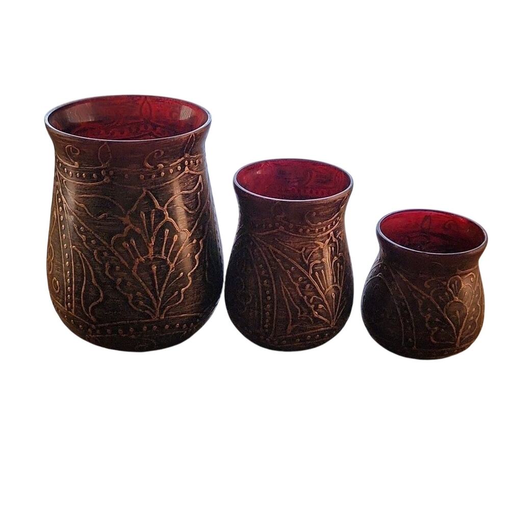 Unicef tealight candle holder set of 3, cranberry with gold raised flora…
